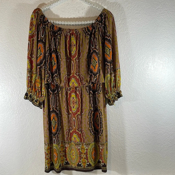 Boston Proper Muse Size 4 Brown Yellow Jersey Off The Shoulder Dress - Picture 2 of 10
